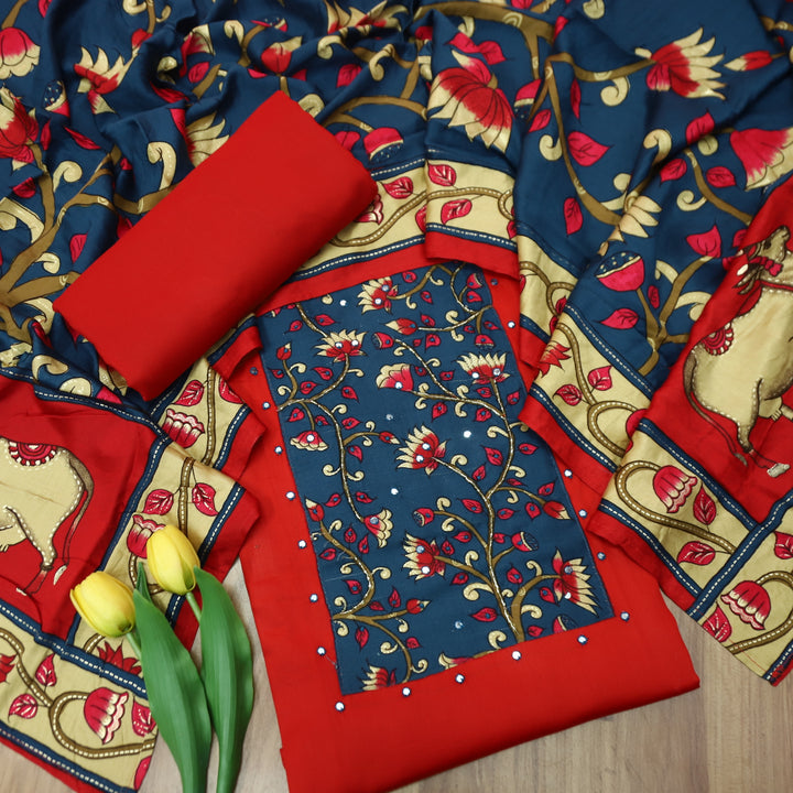 Muskaani Bride Red Kalmkari Printed Yoke with Kardana Work Glazed Cotton Set