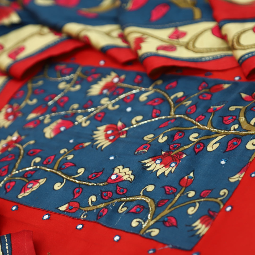 Muskaani Bride Red Kalmkari Printed Yoke with Kardana Work Glazed Cotton Set