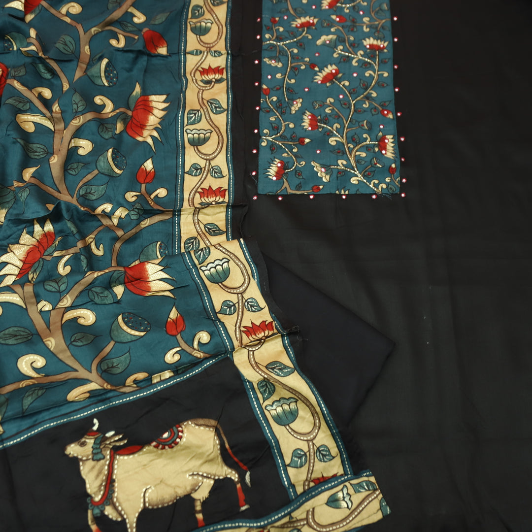Muskaani Ebonh Black Kalmkari Printed Yoke with Kardana Work Glazed Cotton Set