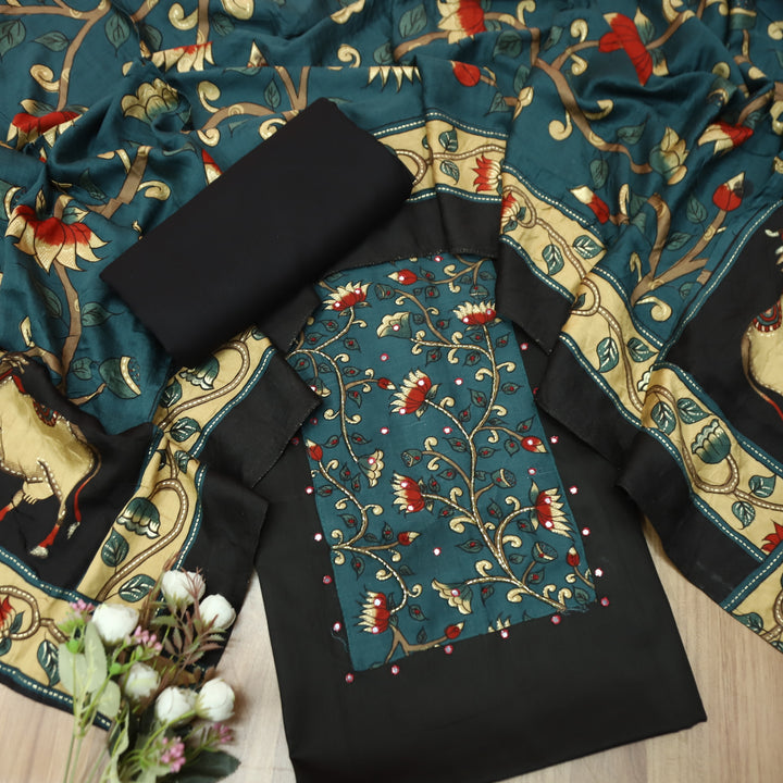 Muskaani Ebonh Black Kalmkari Printed Yoke with Kardana Work Glazed Cotton Set