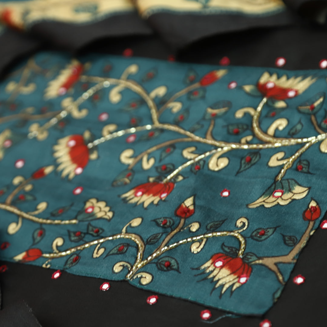 Muskaani Ebonh Black Kalmkari Printed Yoke with Kardana Work Glazed Cotton Set