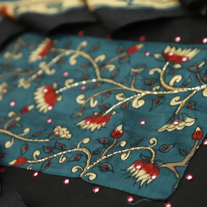 Muskaani Ebonh Black Kalmkari Printed Yoke with Kardana Work Glazed Cotton Set