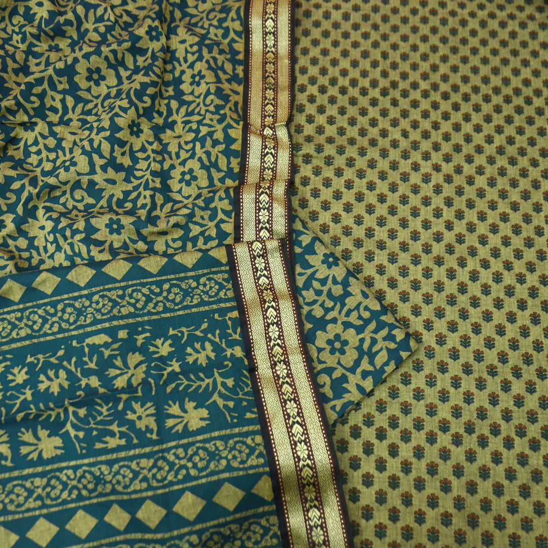 Raavi Beige with Teal Digital Printed with Mangalgiri Work on Hem Cotton Suit Set