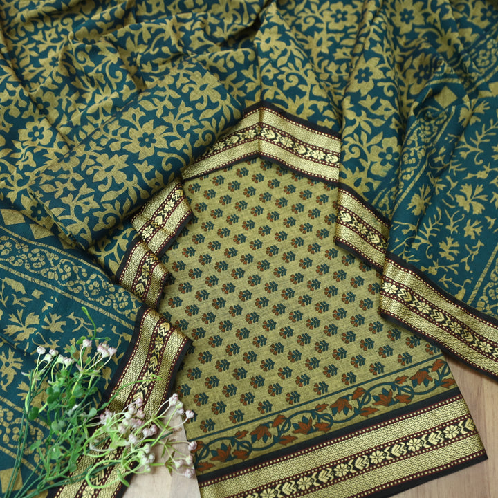 Raavi Beige with Teal Digital Printed with Mangalgiri Work on Hem Cotton Suit Set