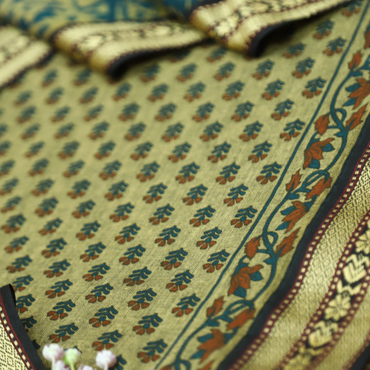 Raavi Beige with Teal Digital Printed with Mangalgiri Work on Hem Cotton Suit Set