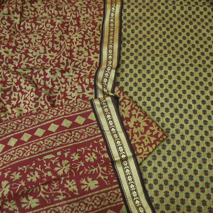 Raavi Beige with Red Digital Printed with Mangalgiri Work on Hem Cotton Suit Set