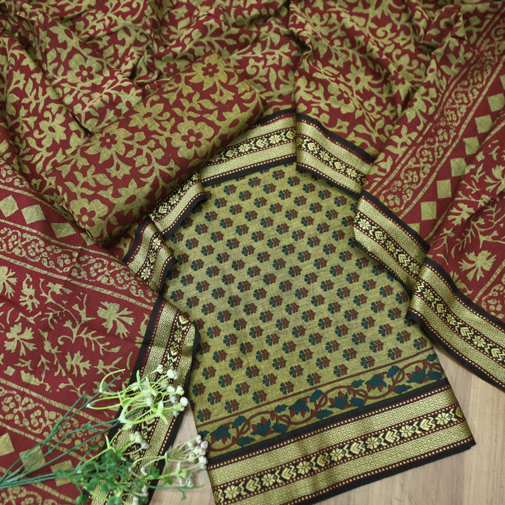 Raavi Beige with Red Digital Printed with Mangalgiri Work on Hem Cotton Suit Set