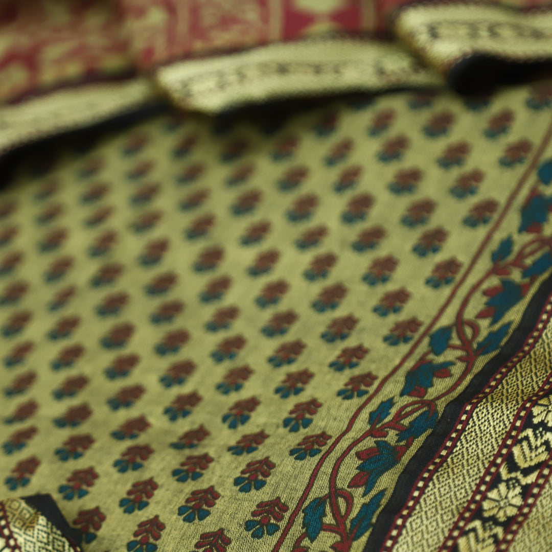 Raavi Beige with Red Digital Printed with Mangalgiri Work on Hem Cotton Suit Set