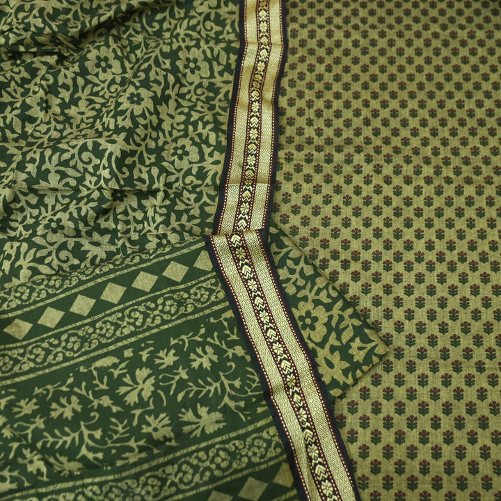 Raavi Beige with Green Digital Printed with Mangalgiri Work on Hem Cotton Suit Set