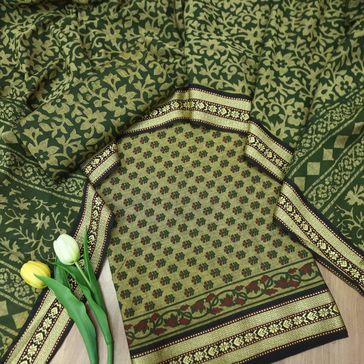 Raavi Beige with Green Digital Printed with Mangalgiri Work on Hem Cotton Suit Set