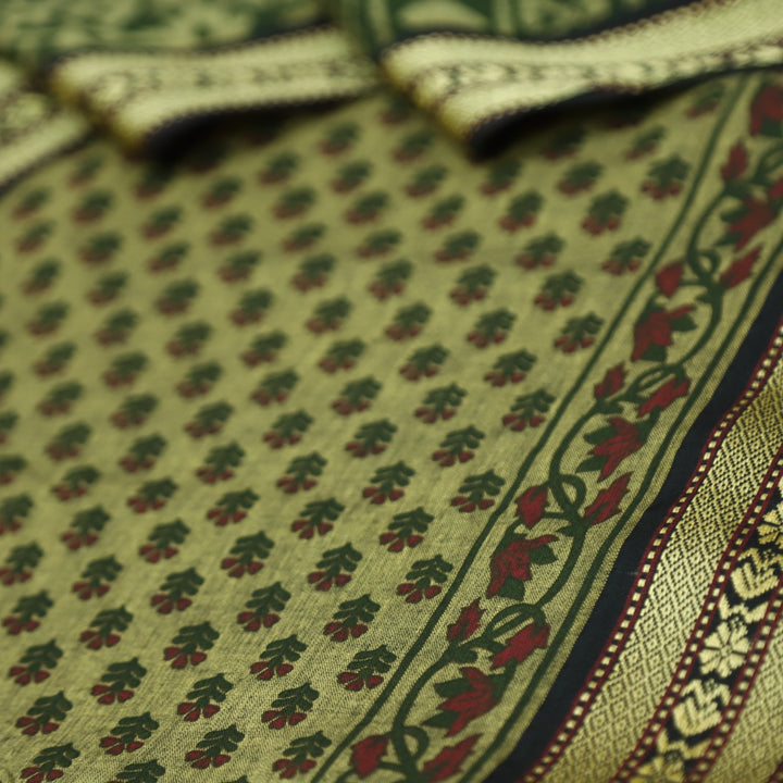 Raavi Beige with Green Digital Printed with Mangalgiri Work on Hem Cotton Suit Set