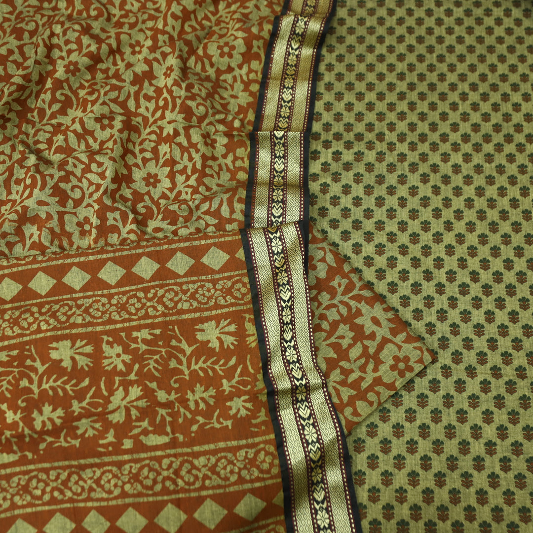 Raavi Beige with Yellow Digital Printed with Mangalgiri Work on Hem Cotton Suit Set