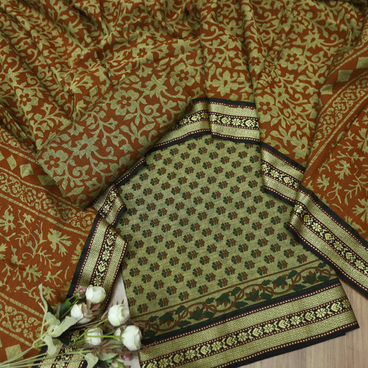 Raavi Beige with Yellow Digital Printed with Mangalgiri Work on Hem Cotton Suit Set