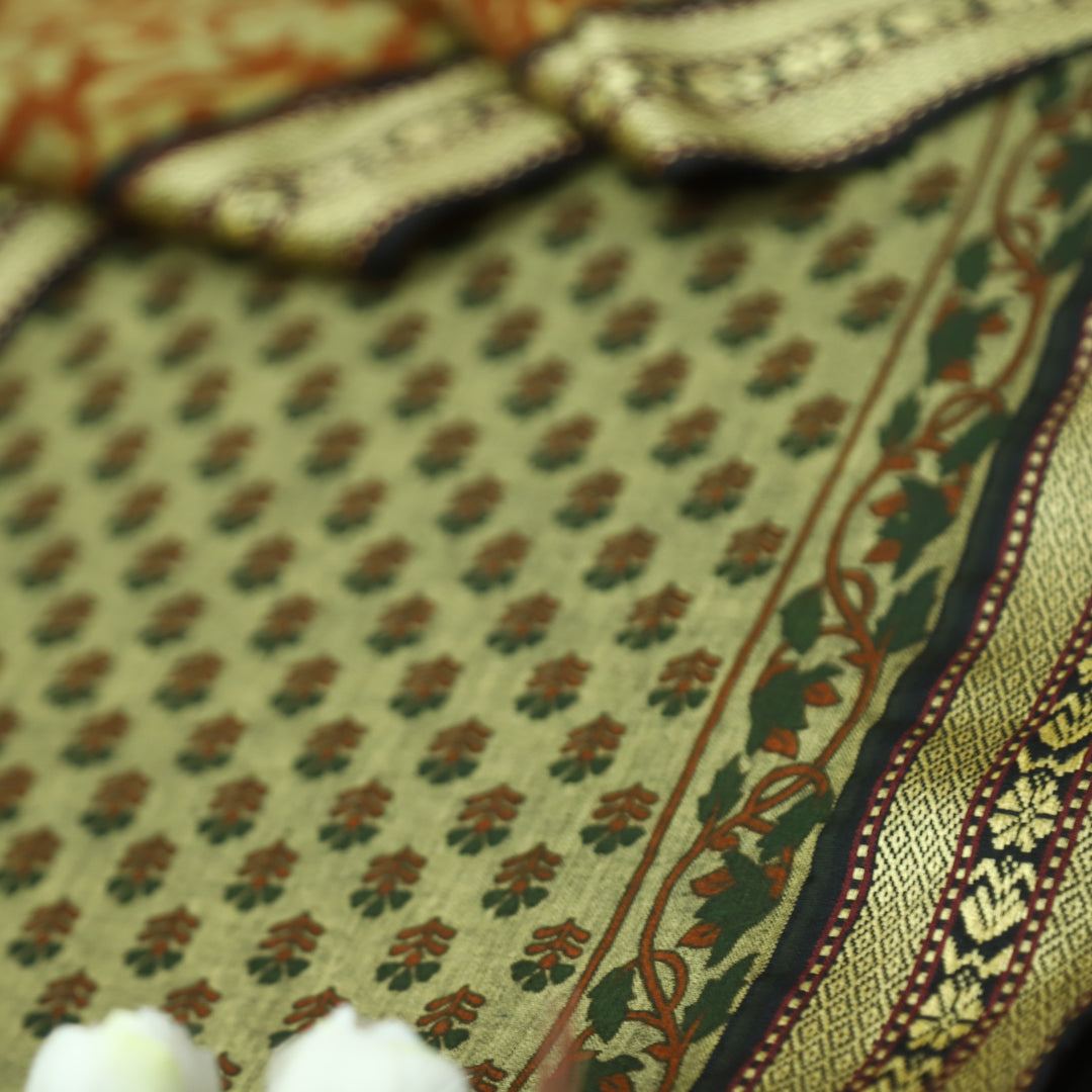 Raavi Beige with Yellow Digital Printed with Mangalgiri Work on Hem Cotton Suit Set