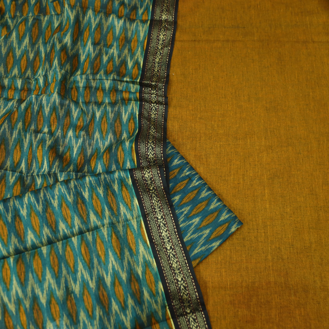 इश्क Dandelion Yellow Mangalgiri Hem Work Cotton Set with Teal Printed Bottom