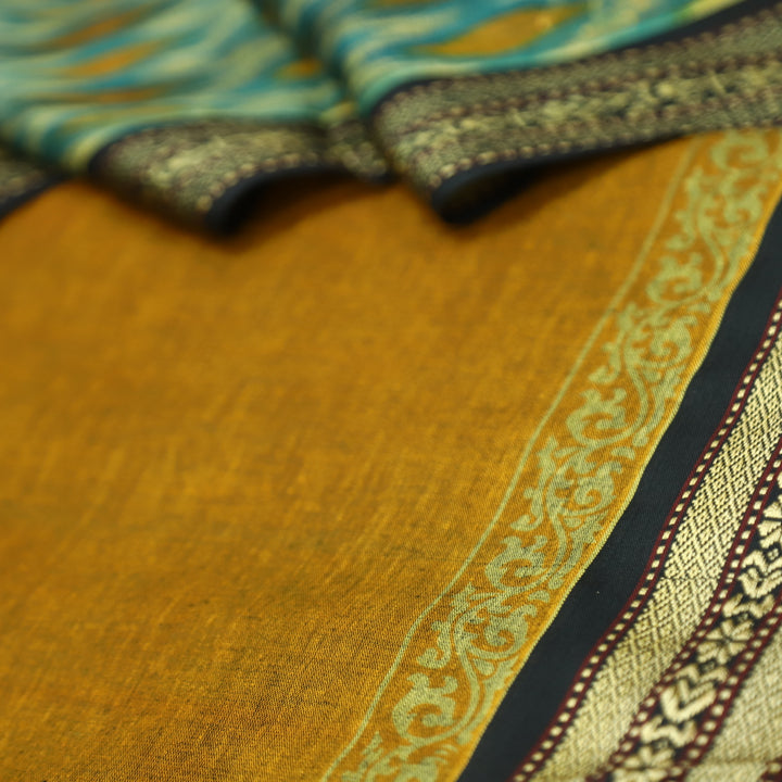 इश्क Dandelion Yellow Mangalgiri Hem Work Cotton Set with Teal Printed Bottom