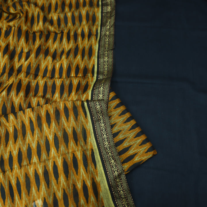 इश्क Midnight Black Mangalgiri Hem Work Cotton Set with Yellow Printed Bottom
