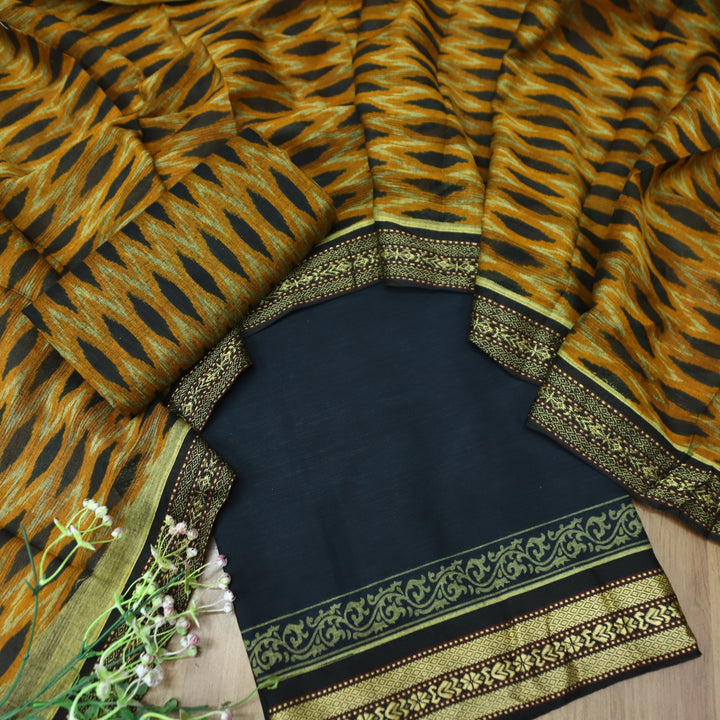 इश्क Midnight Black Mangalgiri Hem Work Cotton Set with Yellow Printed Bottom