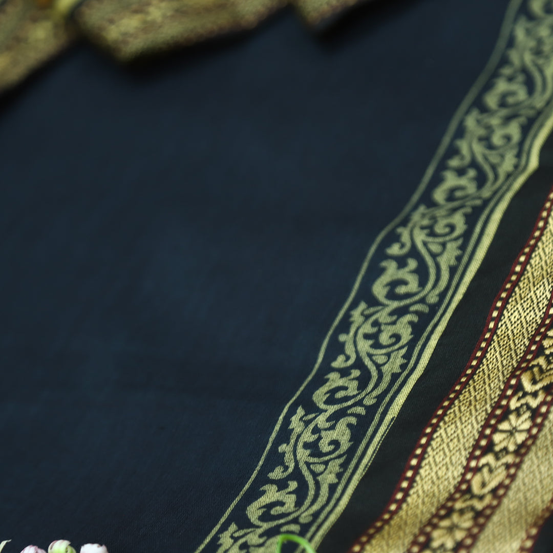 इश्क Midnight Black Mangalgiri Hem Work Cotton Set with Yellow Printed Bottom