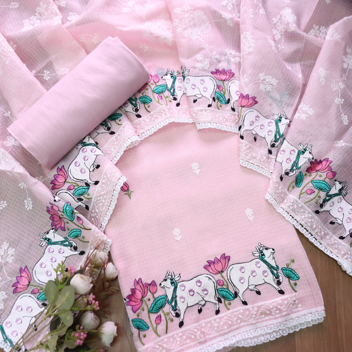 Khayal Pretty Pink Pichwai Thread Embroidery Hem Work Kota Doriya Suit Set