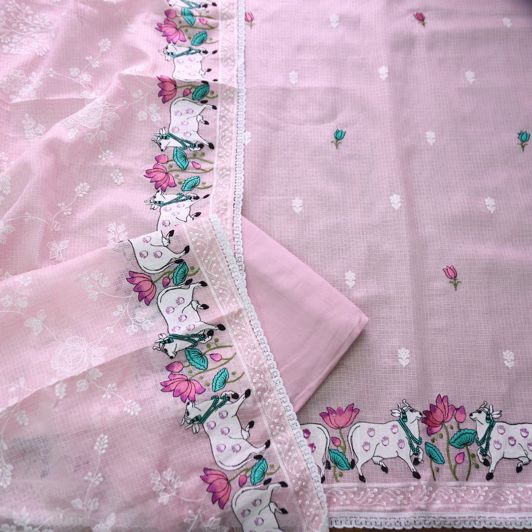 Khayal Pretty Pink Pichwai Thread Embroidery Hem Work Kota Doriya Suit Set