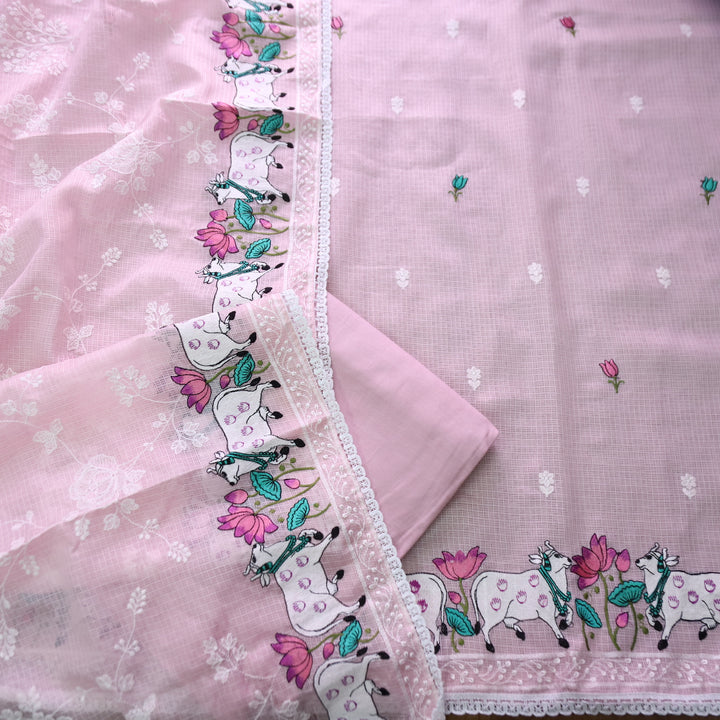 Khayal Pretty Pink Pichwai Thread Embroidery Hem Work Kota Doriya Suit Set
