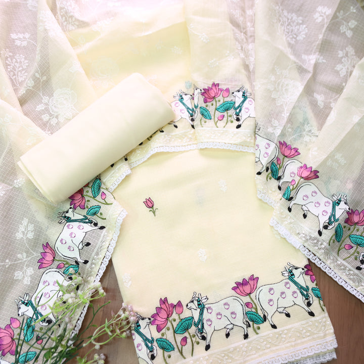 Khayal Butter Yellow Pichwai Thread Embroidery Hem Work Kota Doriya Suit Set
