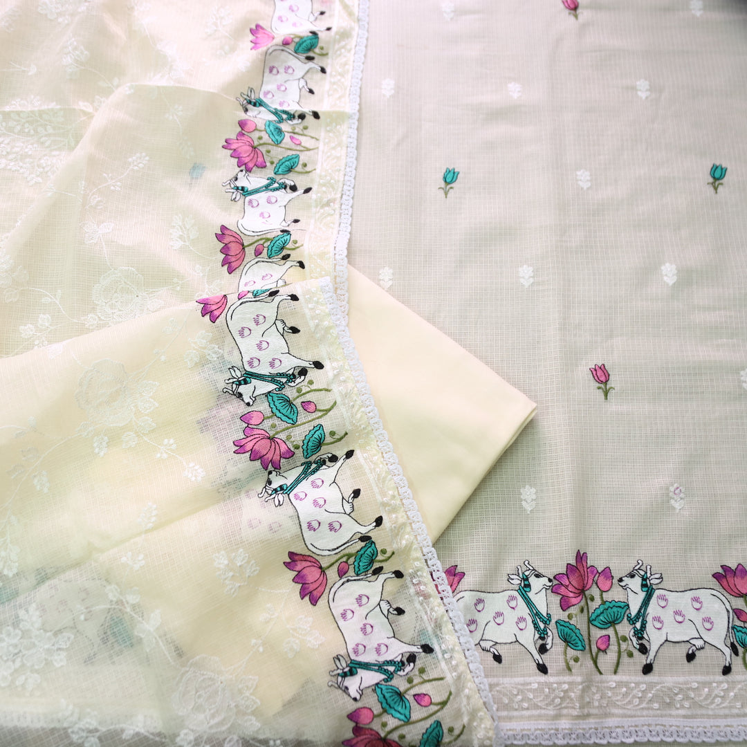 Khayal Butter Yellow Pichwai Thread Embroidery Hem Work Kota Doriya Suit Set