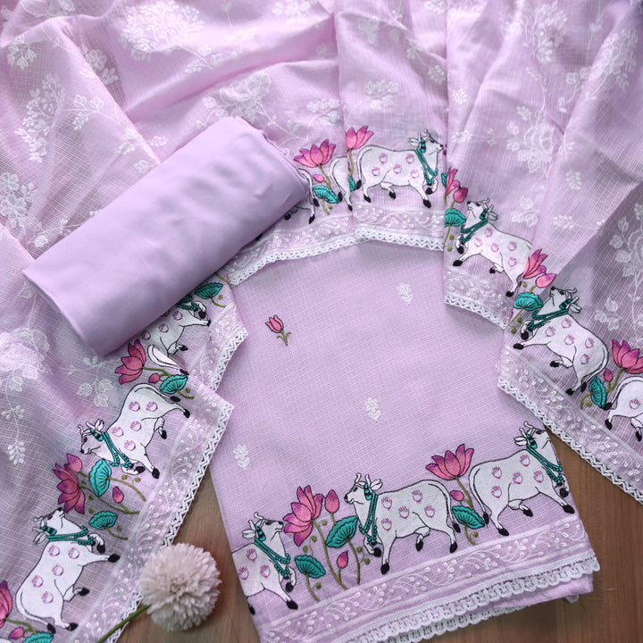 Khayal Lilly Lilac Pichwai Thread Embroidery Hem Work Kota Doriya Suit Set