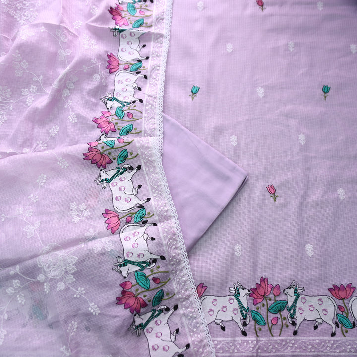 Khayal Lilly Lilac Pichwai Thread Embroidery Hem Work Kota Doriya Suit Set