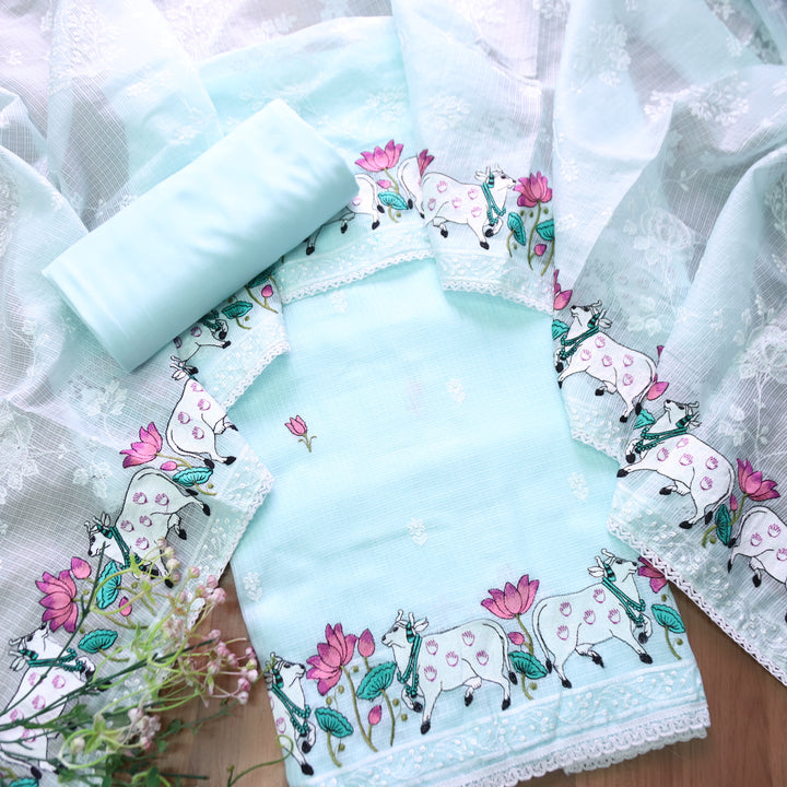 Khayal Powder Blue Pichwai Thread Embroidery Hem Work Kota Doriya Suit Set
