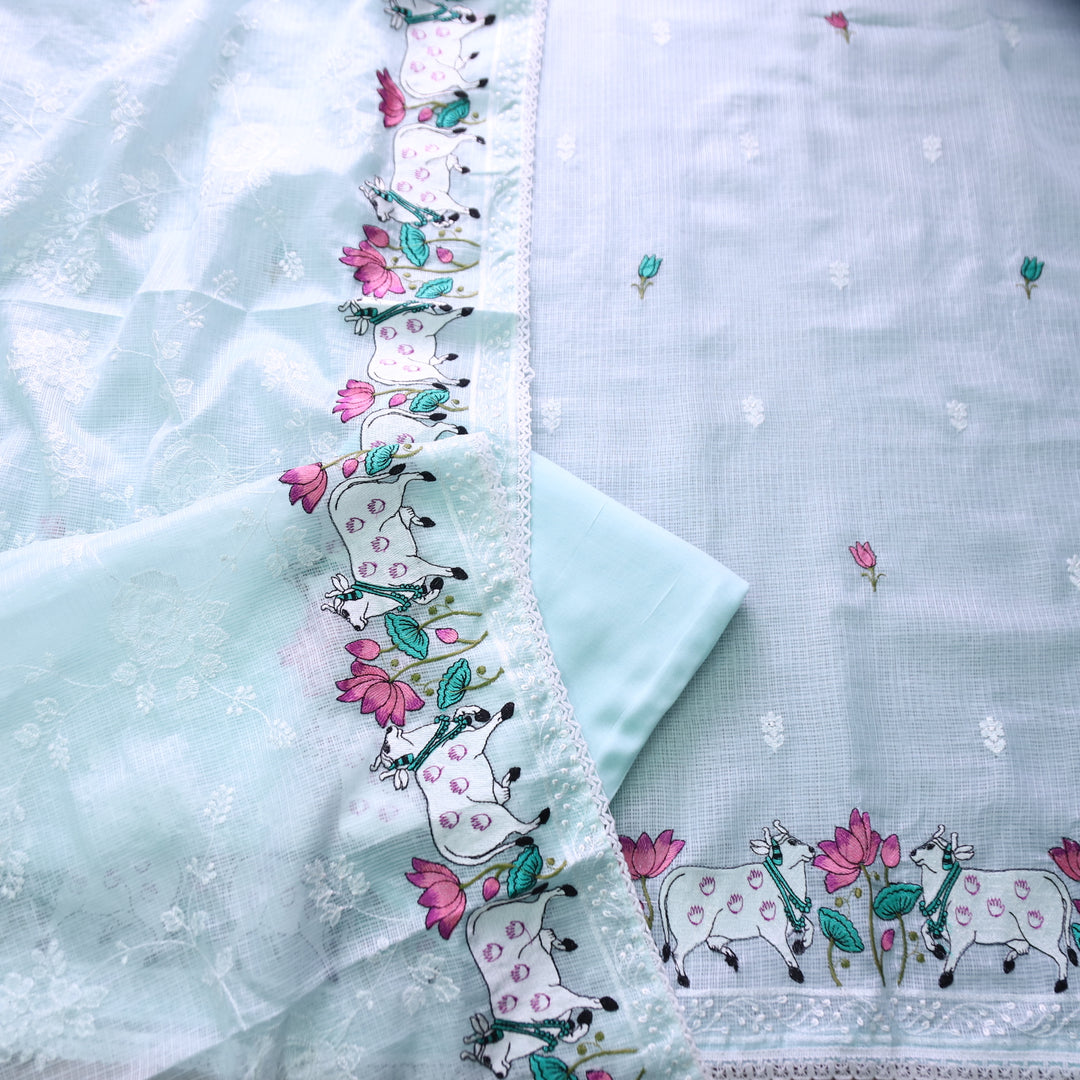 Khayal Powder Blue Pichwai Thread Embroidery Hem Work Kota Doriya Suit Set