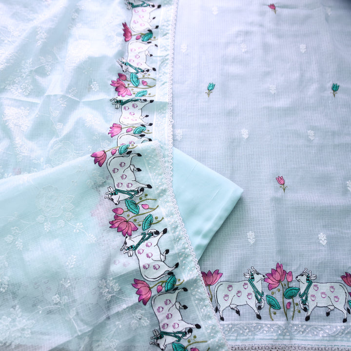 Khayal Powder Blue Pichwai Thread Embroidery Hem Work Kota Doriya Suit Set