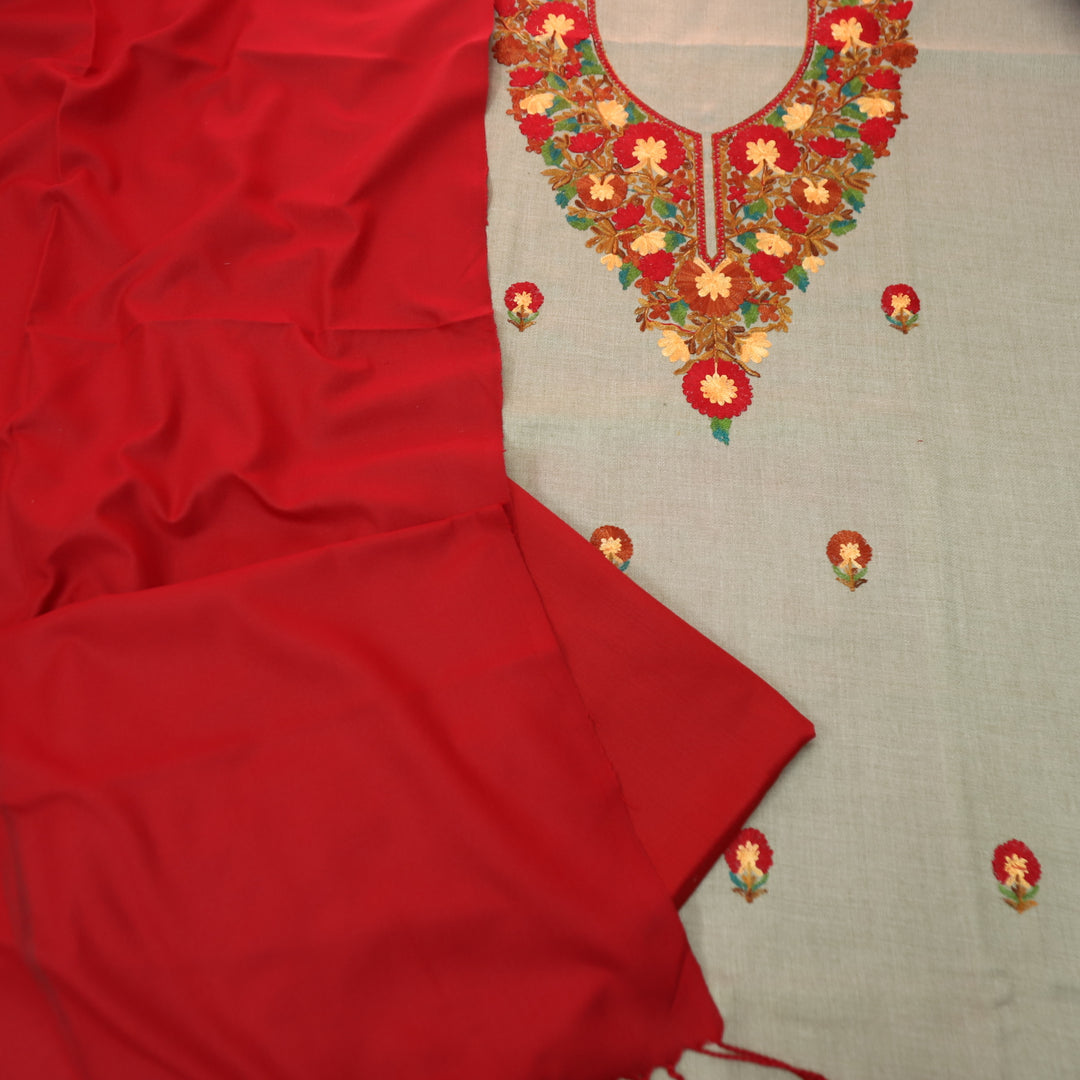 अमाया Sand Beige with Red Kashida Embroidery Neck Semi Pashmina Winter Set