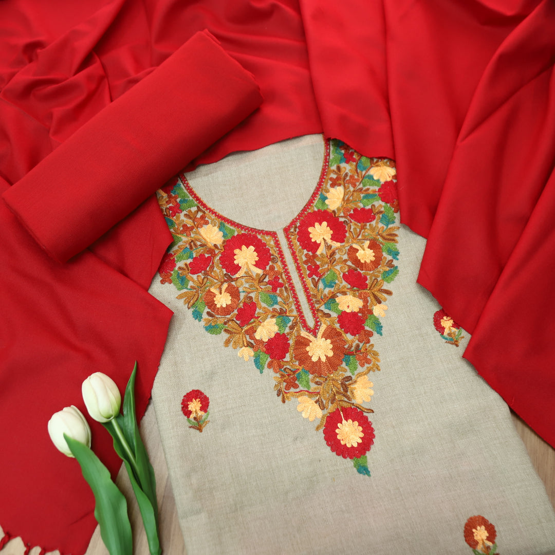 अमाया Sand Beige with Red Kashida Embroidery Neck Semi Pashmina Winter Set