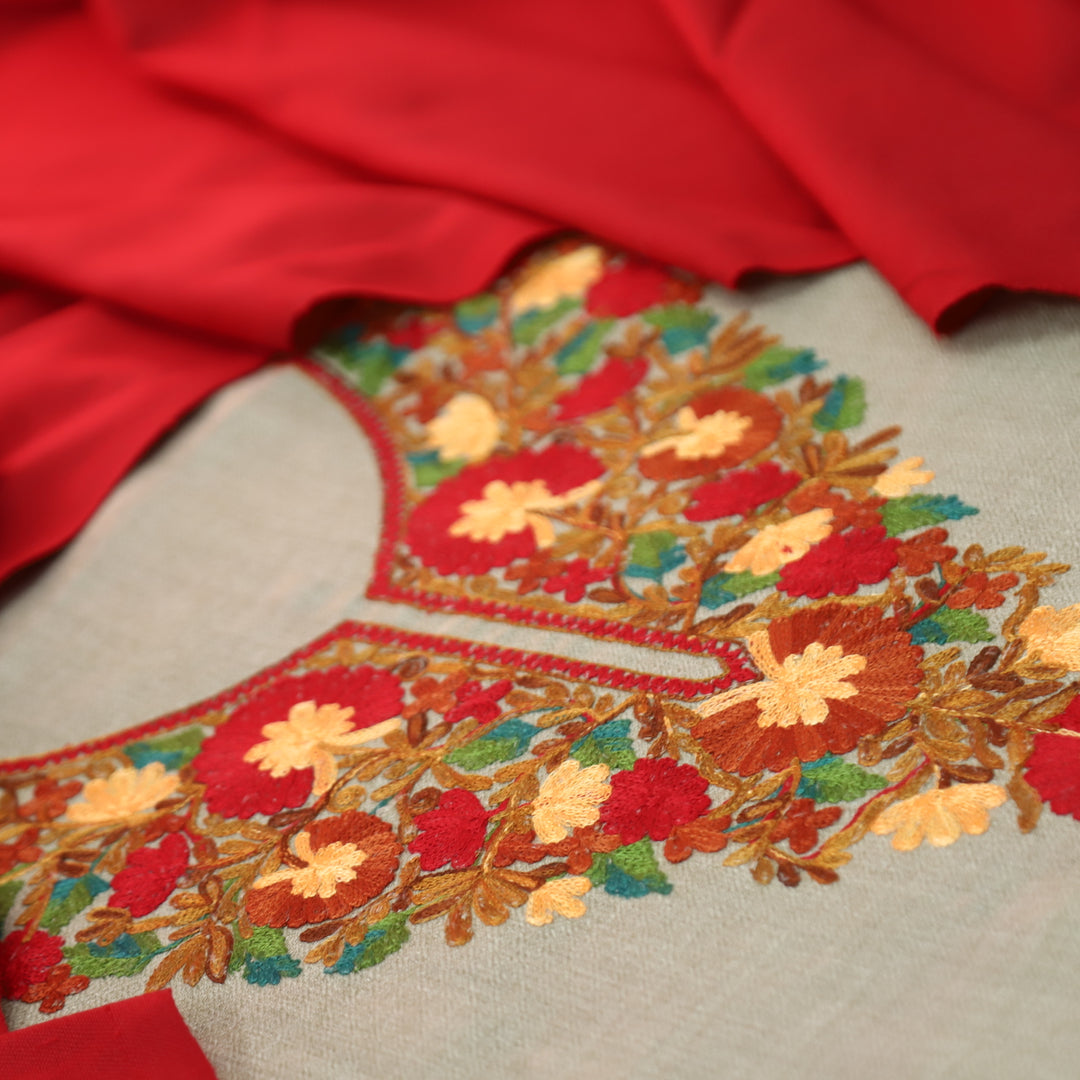 अमाया Sand Beige with Red Kashida Embroidery Neck Semi Pashmina Winter Set