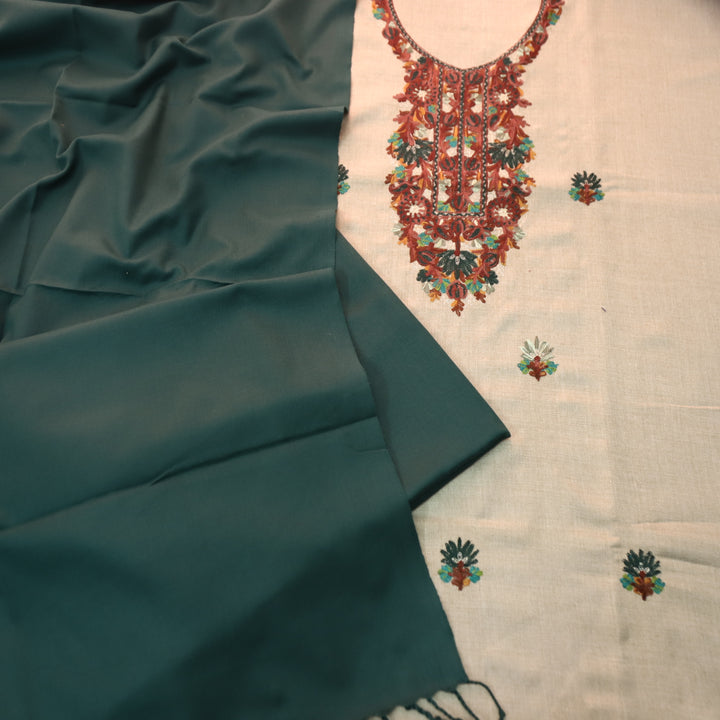अमाया Sand Beige with Green Kashida Embroidery Neck Semi Pashmina Winter Set
