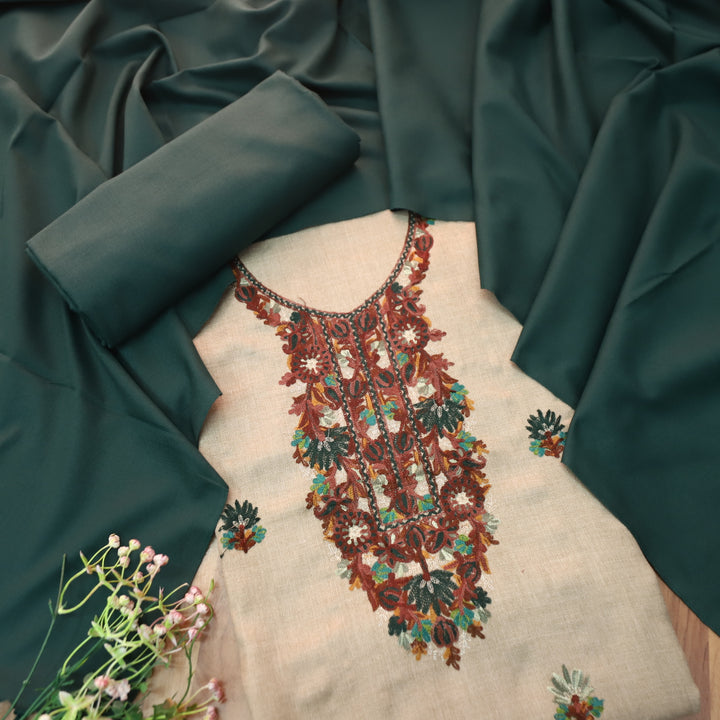 अमाया Sand Beige with Green Kashida Embroidery Neck Semi Pashmina Winter Set