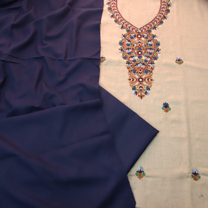 अमाया Sand Beige with Indigo Blue Kashida Embroidery Neck Semi Pashmina Winter Set