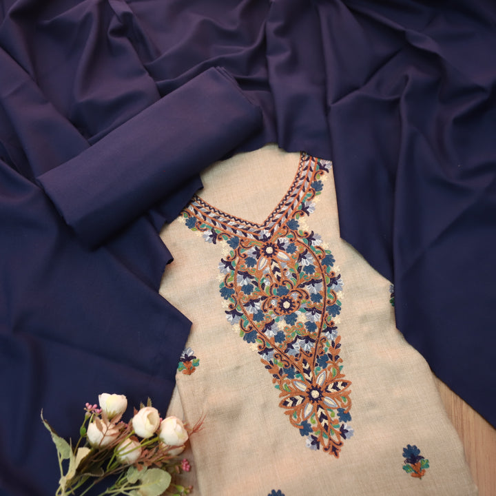 अमाया Sand Beige with Indigo Blue Kashida Embroidery Neck Semi Pashmina Winter Set