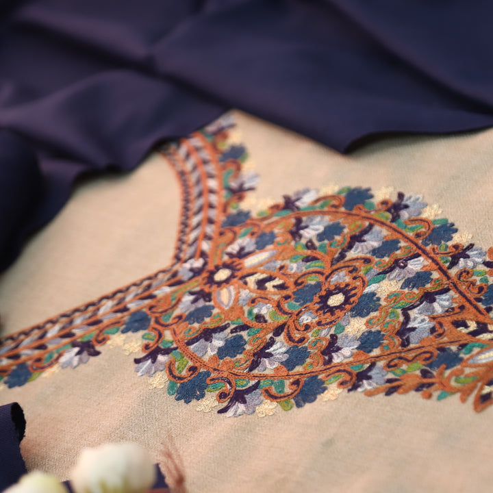 अमाया Sand Beige with Indigo Blue Kashida Embroidery Neck Semi Pashmina Winter Set