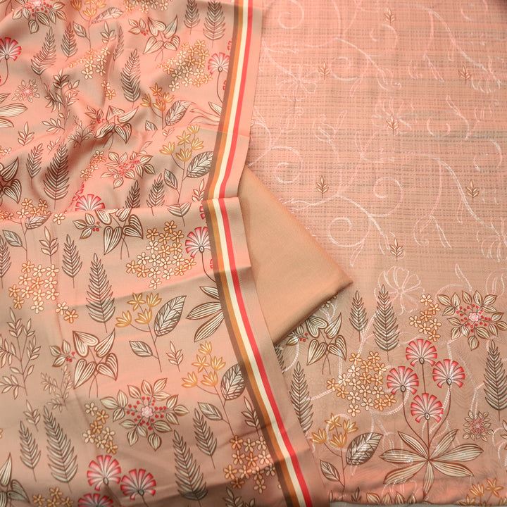 सायरा Peanut Beige Balanced By Floral Printed and Aari Work Semi Pashmina Winter Set