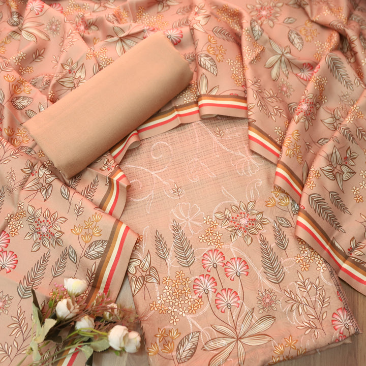 सायरा Peanut Beige Balanced By Floral Printed and Aari Work Semi Pashmina Winter Set