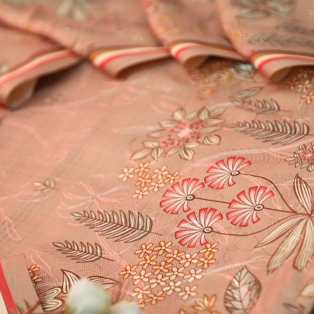 सायरा Peanut Beige Balanced By Floral Printed and Aari Work Semi Pashmina Winter Set