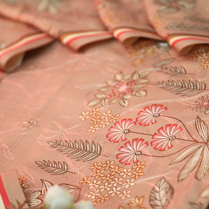 सायरा Peanut Beige Balanced By Floral Printed and Aari Work Semi Pashmina Winter Set