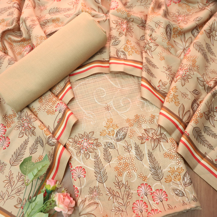 सायरा Blonde Beige Balanced By Floral Printed and Aari Work Semi Pashmina Winter Set