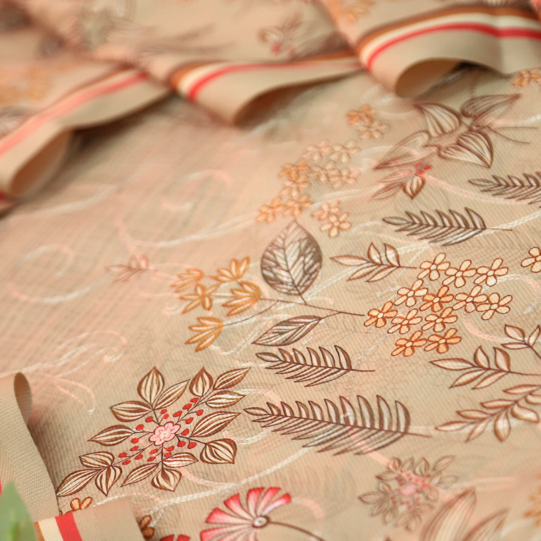 सायरा Blonde Beige Balanced By Floral Printed and Aari Work Semi Pashmina Winter Set