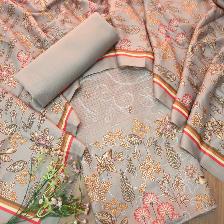 सायरा Sky Grey Balanced By Floral Printed and Aari Work Semi Pashmina Winter Set