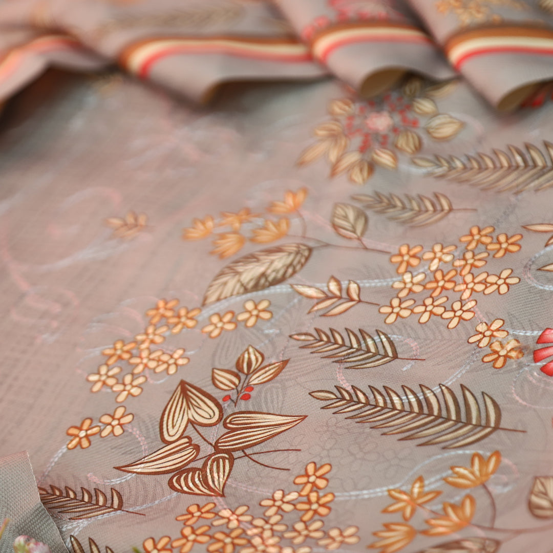 सायरा Sky Grey Balanced By Floral Printed and Aari Work Semi Pashmina Winter Set
