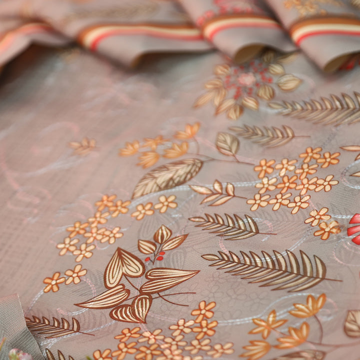 सायरा Sky Grey Balanced By Floral Printed and Aari Work Semi Pashmina Winter Set